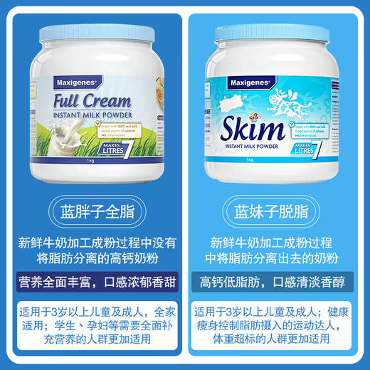 美可卓Maxigenes 蓝胖子成人全脂速溶高钙奶粉 1kg 商品图2