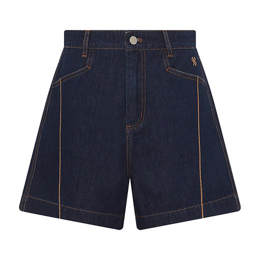 【2件9折】【Petit Bari】竖线刺绣宽松显瘦牛仔短裤 阔腿直筒高腰深蓝 商品图1