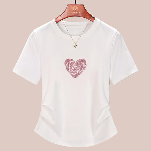 正肩短袖t恤女立体亮片爱心刺绣夏季褶皱收腰上衣女    BY-M679 商品图3