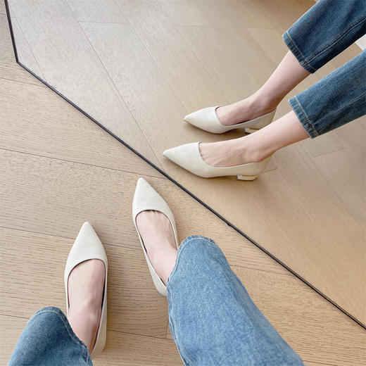 ROW家原版开模真皮女鞋浅口尖头粗方跟单鞋通勤小皮鞋 商品图1