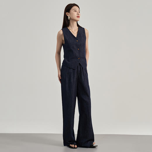 【2件9折】【Petit Bari】法式腔调V领牛仔马甲（水洗产品）亚麻通勤 商品图0