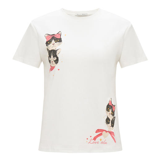【2件9折】【Petit Bari】复古猫咪印花修身短袖T恤 商品图1