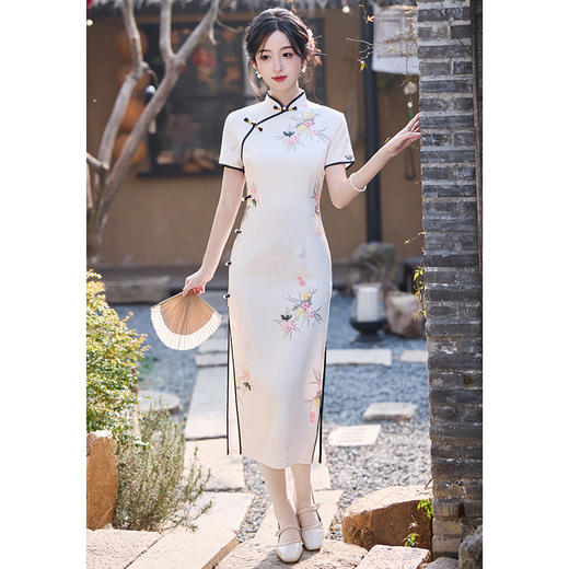 A6086粉花新中式白色旗袍少女2025新款夏季改良日常绝美高端年轻款平时可穿 商品图0