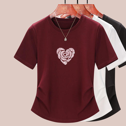 正肩短袖t恤女立体亮片爱心刺绣夏季褶皱收腰上衣女    BY-M679 商品图2