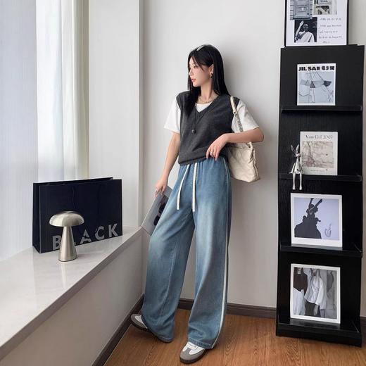 【时髦百搭，显高显瘦】【巨好穿】夏季新款女侧白条松紧腰天丝牛仔裤女夏季薄款春秋高腰垂感大码宽松直筒阔腿100% 商品图4