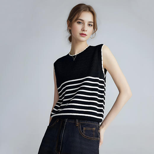 【2件9折】【Petit Bari】(多色)简约时尚撞色条纹针织背心 商品图0