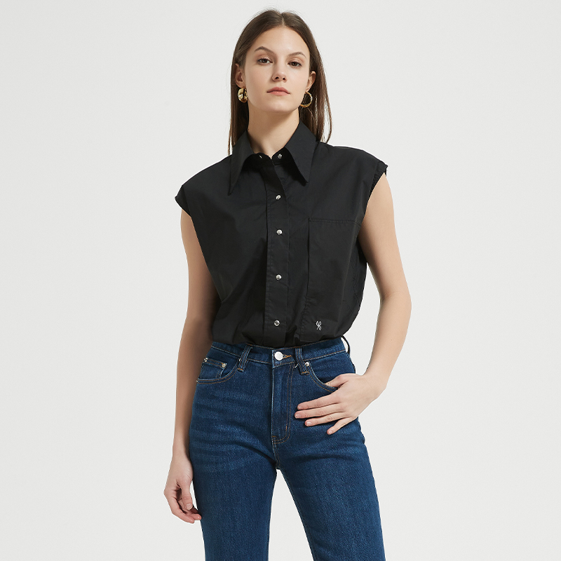 【2件9折】【Petit Bari】(多色)茧型刺绣宽松无袖衬衫 褶皱显瘦 网球穿搭