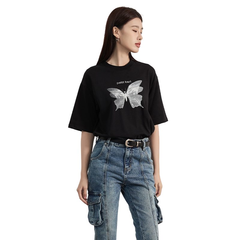 【2件9折】【Petit Bari】蝴蝶烫钻印花短袖T恤  新款潮T 网球穿搭长袖