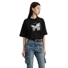 【2件9折】【Petit Bari】蝴蝶烫钻印花短袖T恤  新款潮T 网球穿搭长袖