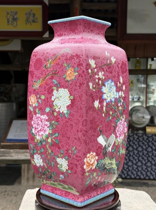 胭脂红花鸟四方镶器 商品图0