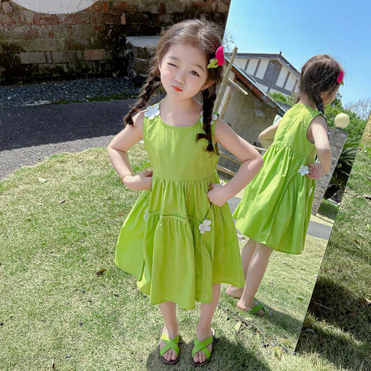 【绿色花朵设计，清新可爱~】女童绿色花朵棉布裙 2025夏季新款 洋气时髦儿童装 女宝宝甜美公主裙-QQ 商品图2