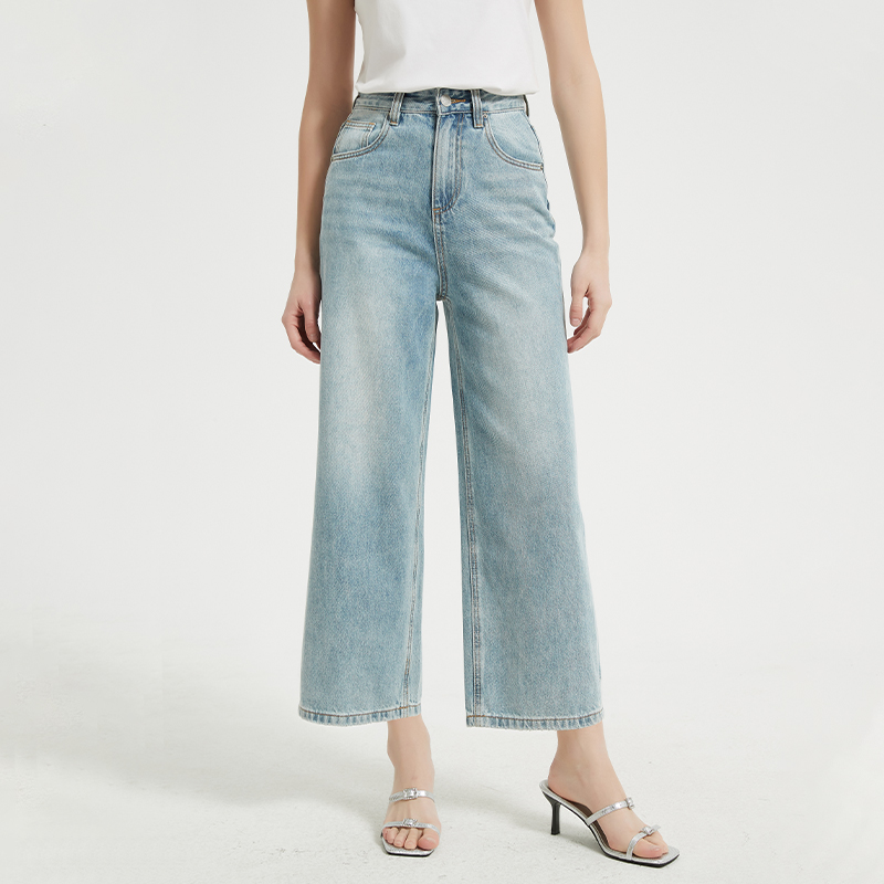 【2件9折】【Petit Bari】宽松阔腿九分牛仔裤 酵素水洗工艺浅色九分裤