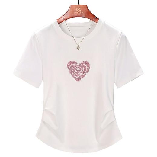 正肩短袖t恤女立体亮片爱心刺绣夏季褶皱收腰上衣女    BY-M679 商品图4