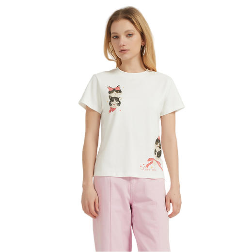 【2件9折】【Petit Bari】复古猫咪印花修身短袖T恤 商品图0