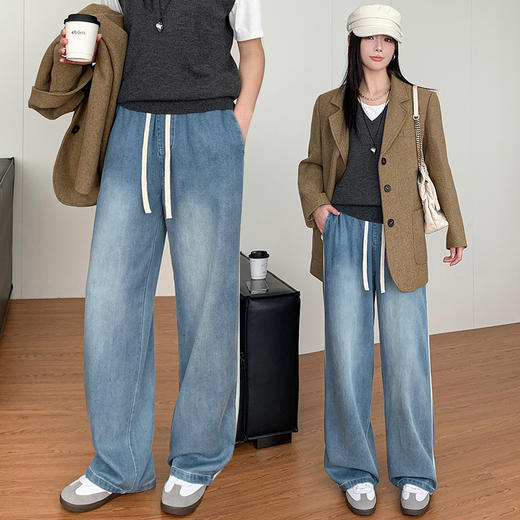 【时髦百搭，显高显瘦】【巨好穿】夏季新款女侧白条松紧腰天丝牛仔裤女夏季薄款春秋高腰垂感大码宽松直筒阔腿100% 商品图2