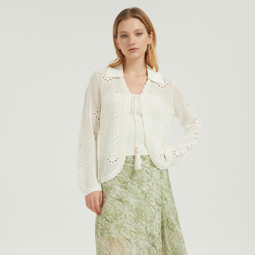 【2件9折】【Petit Bari】(多色)系带镂空钩花针织开衫外套羊毛 商品图1