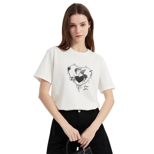 【2件9折】【Petit Bari】(多色)复古天使印花短袖T恤宽松休闲 商品图1