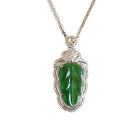 【天然正品】AU750白金镶钻镶天然满绿冰种叶子（金枝玉叶）翡翠吊坠项链240325NJM08 现售价：6880