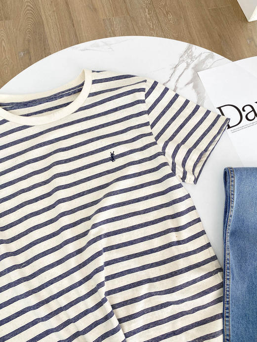 男女同款外贸单圣罗兰天然麻棉籽本木棉海魂条纹T恤 商品图14