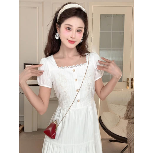 鹿向南「夏日列车」优雅短袖连衣裙女蕾丝边设计感收腰夏新款裙子 商品图1