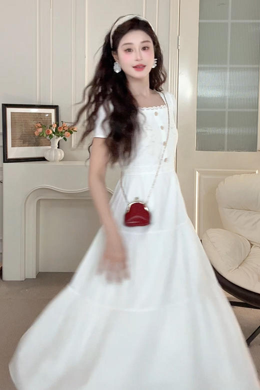 鹿向南「夏日列车」优雅短袖连衣裙女蕾丝边设计感收腰夏新款裙子 商品图3