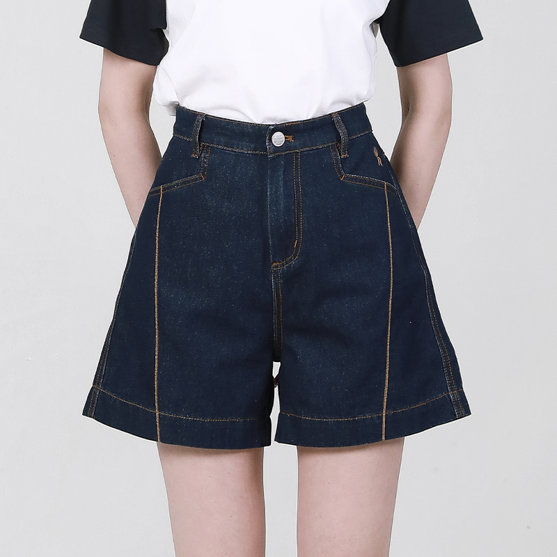 【2件9折】【Petit Bari】竖线刺绣宽松显瘦牛仔短裤 阔腿直筒高腰深蓝