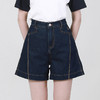 【2件9折】【Petit Bari】竖线刺绣宽松显瘦牛仔短裤 阔腿直筒高腰深蓝 商品缩略图0