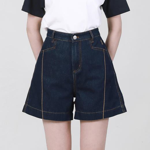 【2件9折】【Petit Bari】竖线刺绣宽松显瘦牛仔短裤 阔腿直筒高腰深蓝 商品图0
