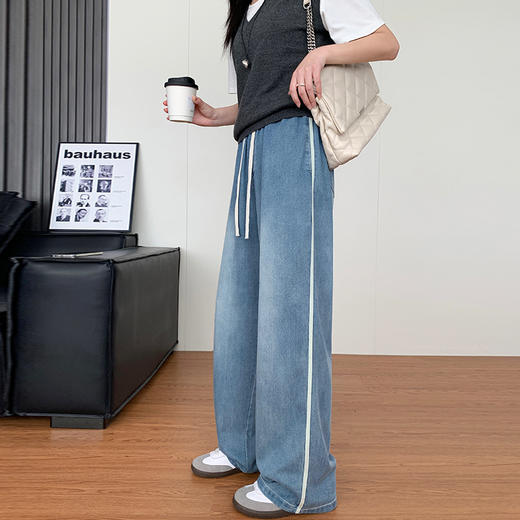 【时髦百搭，显高显瘦】【巨好穿】夏季新款女侧白条松紧腰天丝牛仔裤女夏季薄款春秋高腰垂感大码宽松直筒阔腿100% 商品图5