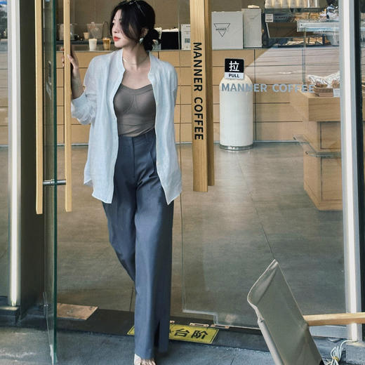 顺丰包邮13017洛诗琳简约高腰宽松显瘦格雷系侧开叉羊毛西裤20112 商品图2