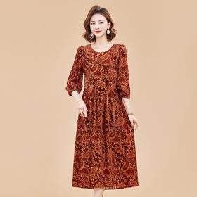 KQ-210512七分袖连衣裙春装真丝绒女复古女桑蚕丝衣服气质大码碎花裙子