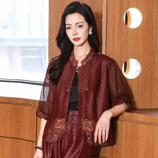 KQ-221851+黑裤221866或红裤221867春夏国风新中式绣暗纹提花香云纱刺绣显瘦复古盘扣两件套装 商品图2