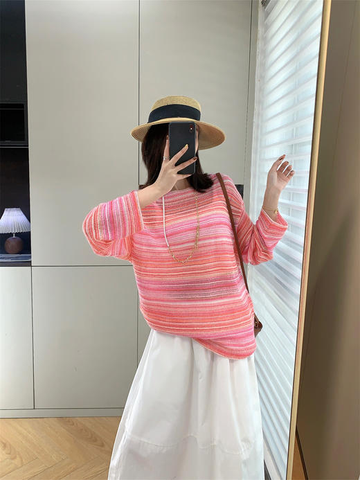 2025春新款钩花百搭条纹镂空宽松圆领长袖薄款针织衫 商品图12