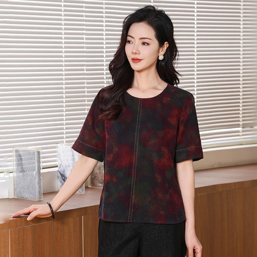 KQ-221809大妈纯色香云纱真丝上衣女夏圆领短袖简约大方桑蚕丝t桖小衫 商品图2