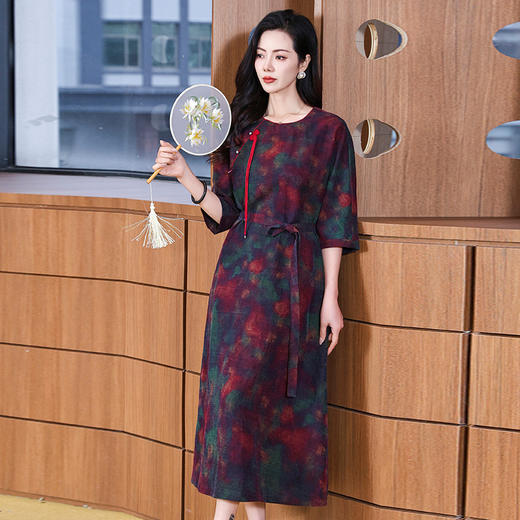 KQ-221881新中式古装水墨旗袍结婚女扎染香云纱桑蚕丝显瘦真丝连衣裙 商品图1