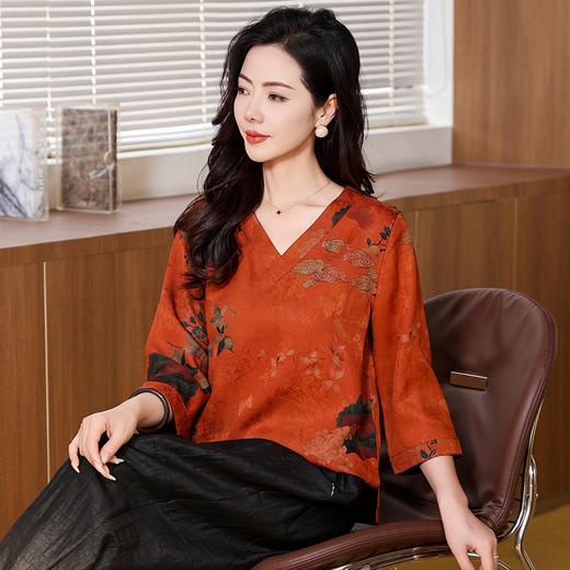 KQ-221803新品香云纱花萝面料旗袍小衫黄花树枝数码印花真丝T上衣 商品图3