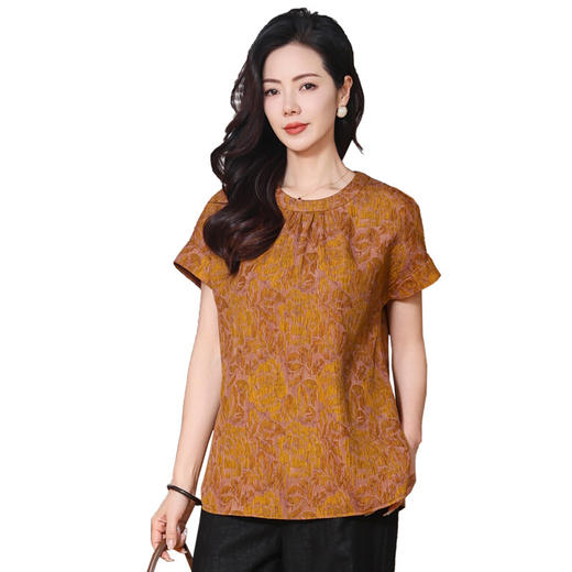 KQ-221810新中式冠乐绉香云纱短袖T恤2025夏新款国风复古小衫体恤真丝上衣 商品图4