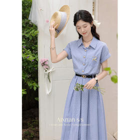 鹿向南「miu系学姐」文艺气质蓝色连衣裙女2025新款夏装显瘦裙子