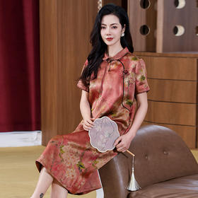 KQ-221873花罗香云纱复古国风温婉改良汉服连衣裙文艺真丝印花旗袍禅意短袖