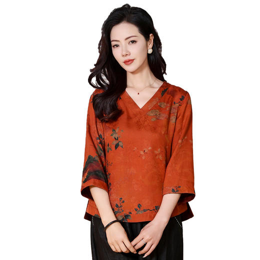 KQ-221803新品香云纱花萝面料旗袍小衫黄花树枝数码印花真丝T上衣 商品图4