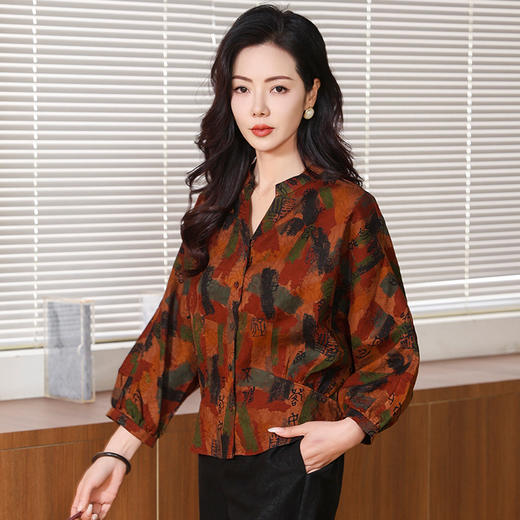KQ-221801香云纱真丝衬衫女妈妈桑蚕丝上衣印花长袖春夏装 商品图3