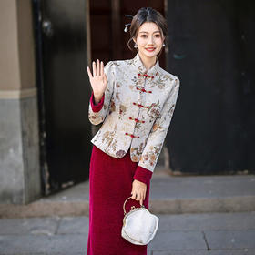 新中式国风婚宴年轻喜妈妈，复古提花外套改良旗袍套装LJX-373
