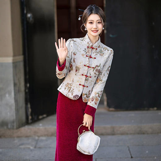 新中式国风婚宴年轻喜妈妈，复古提花外套改良旗袍套装LJX-373 商品图0