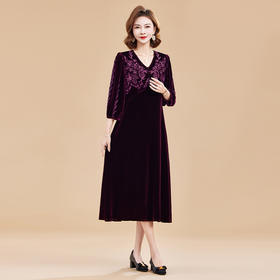 KQ-210513真丝绒连衣裙春装2025新款重工刺绣裙洋气大码七分袖气质裙子