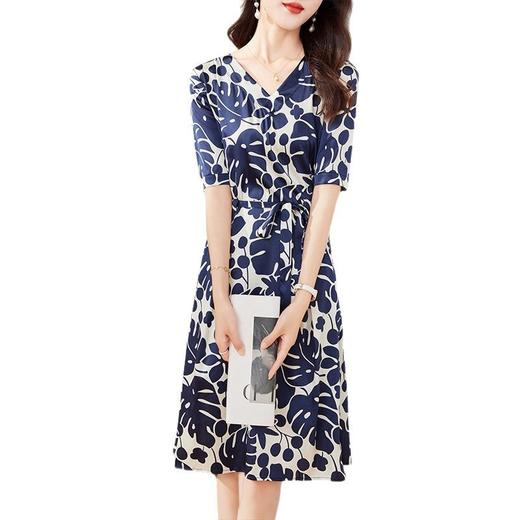 KQ-29675青花瓷弹力缎气质碎花裹身裙子海边度假夏季真丝连衣裙系带桑蚕丝 商品图4