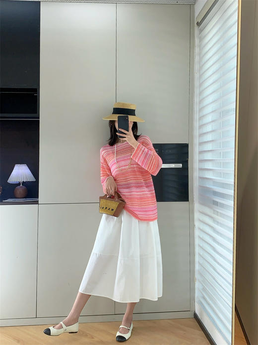 2025春新款钩花百搭条纹镂空宽松圆领长袖薄款针织衫 商品图13