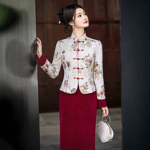 新中式国风婚宴年轻喜妈妈，复古提花外套改良旗袍套装LJX-373 商品图1