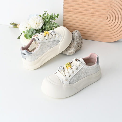 经典鲨2025年夏季新款韩版百搭系带厚底显高休闲小白鞋面包鞋女KW316-529011 商品图1
