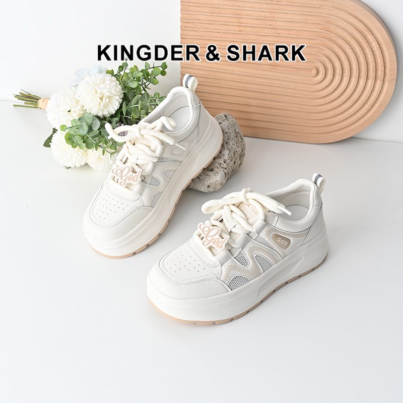 经典鲨2025夏季款韩版牛皮革时尚网状透气厚底显高休闲小白鞋女KW326-529031