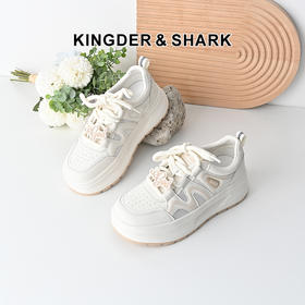 经典鲨2025夏季款韩版牛皮革时尚网状透气厚底显高休闲小白鞋女KW326-529031